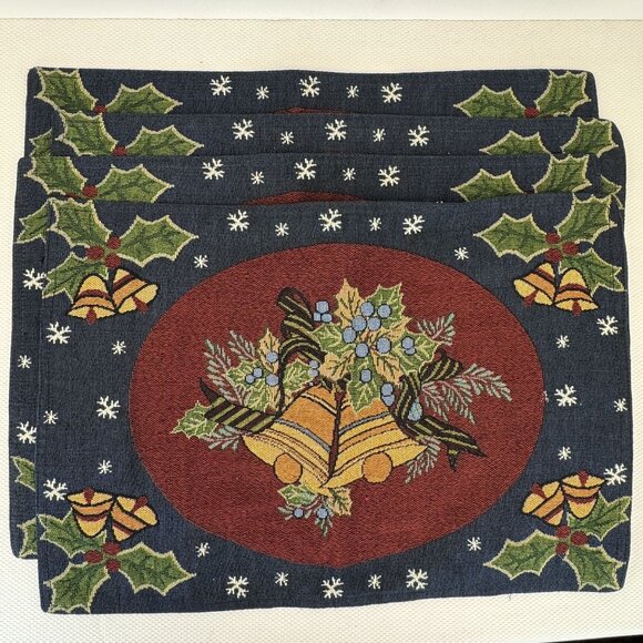Vintage Set Of 4 Christmas Bell and Holly Tapestry Placemats Holiday 18"x12" - Picture 1 of 7